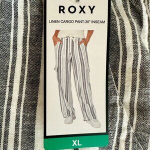 New Roxy Women's Linen Blend Cargo Pant Size XL Striped Cottagecore  Boho Chic